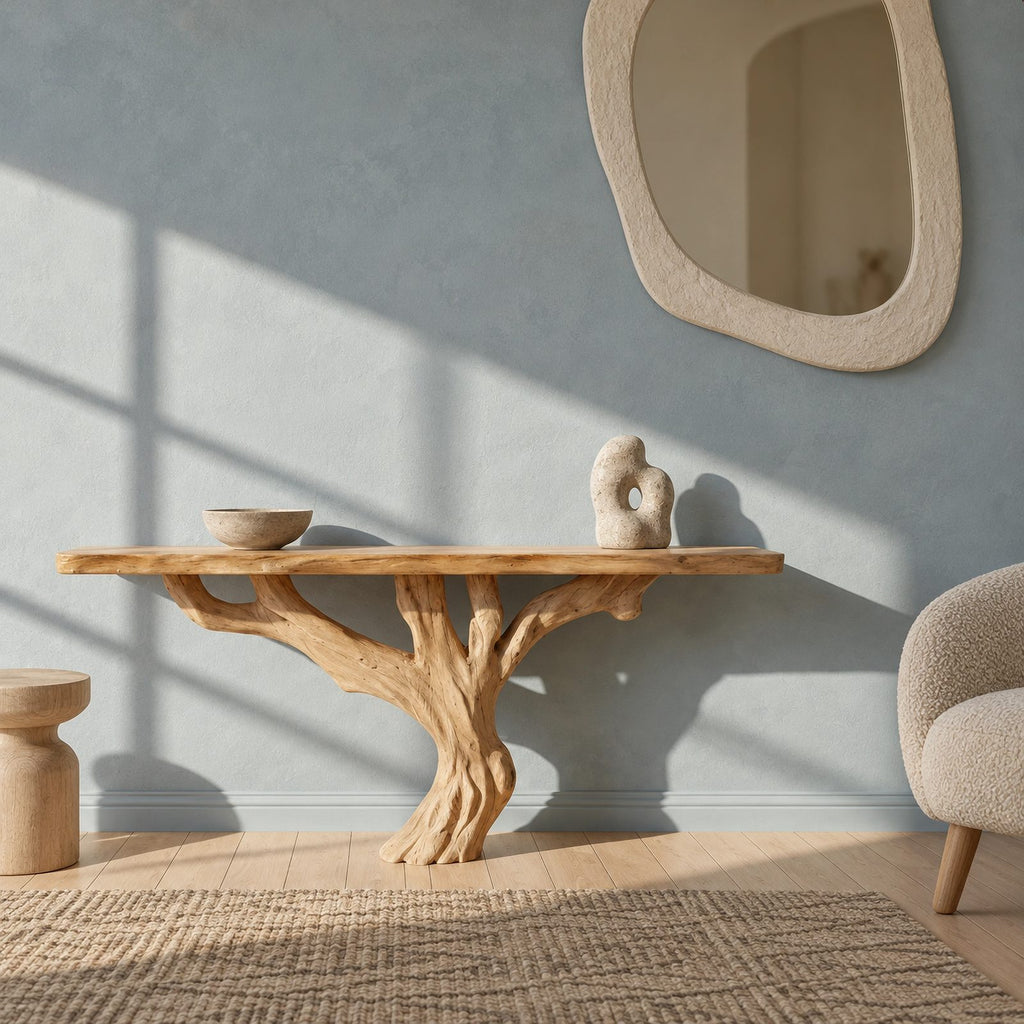 Handcrafted Root Base Console Table With Live Edge Top For Hallway