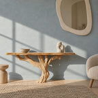 Handcrafted Root Base Console Table With Live Edge Top For Hallway