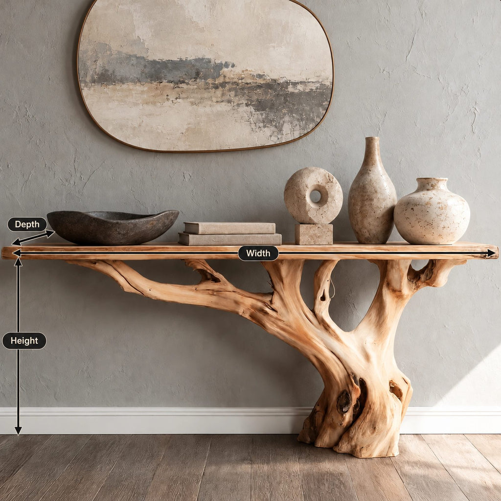 Handcrafted Root Base Console Table With Live Edge Top For Hallway