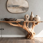 Handcrafted Root Base Console Table With Live Edge Top For Hallway