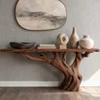 Handcrafted Root Base Console Table With Live Edge Top For Hallway