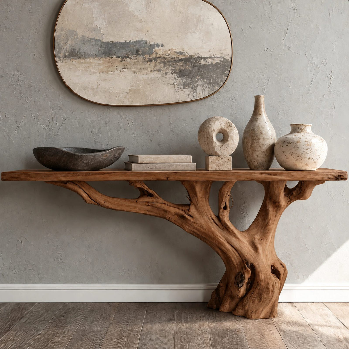 Handcrafted Root Base Console Table With Live Edge Top For Hallway