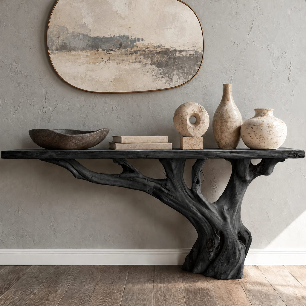 Handcrafted Root Base Console Table With Live Edge Top For Hallway