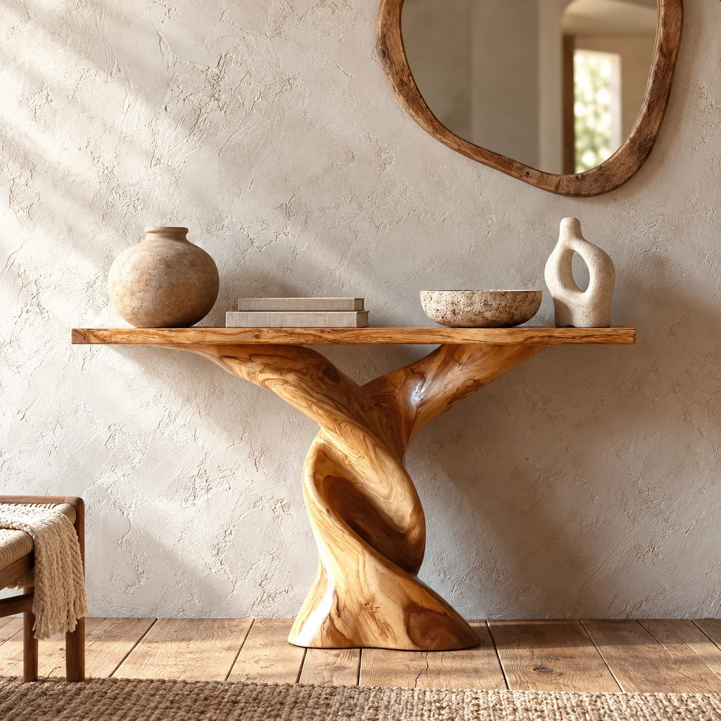 Sculptural Double Twist Console Table With Carved Pedestal For Entryway