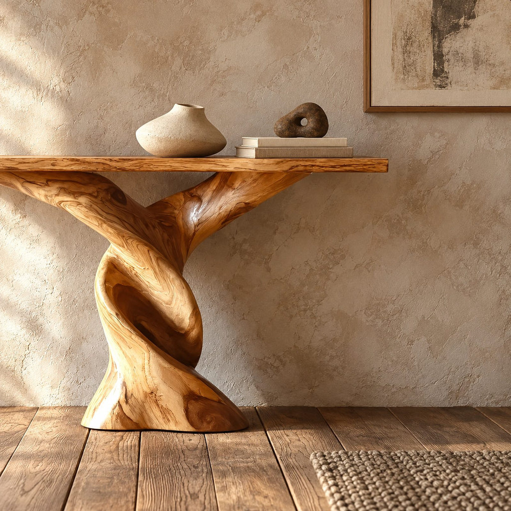 Sculptural Double Twist Console Table With Carved Pedestal For Entryway