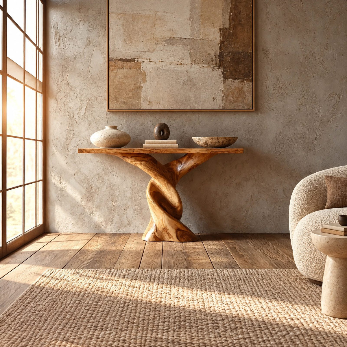 Sculptural Double Twist Console Table With Carved Pedestal For Entryway