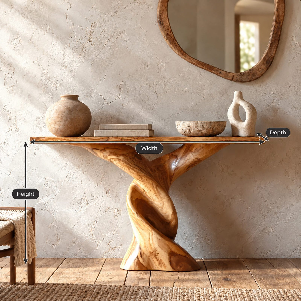 Sculptural Double Twist Console Table With Carved Pedestal For Entryway