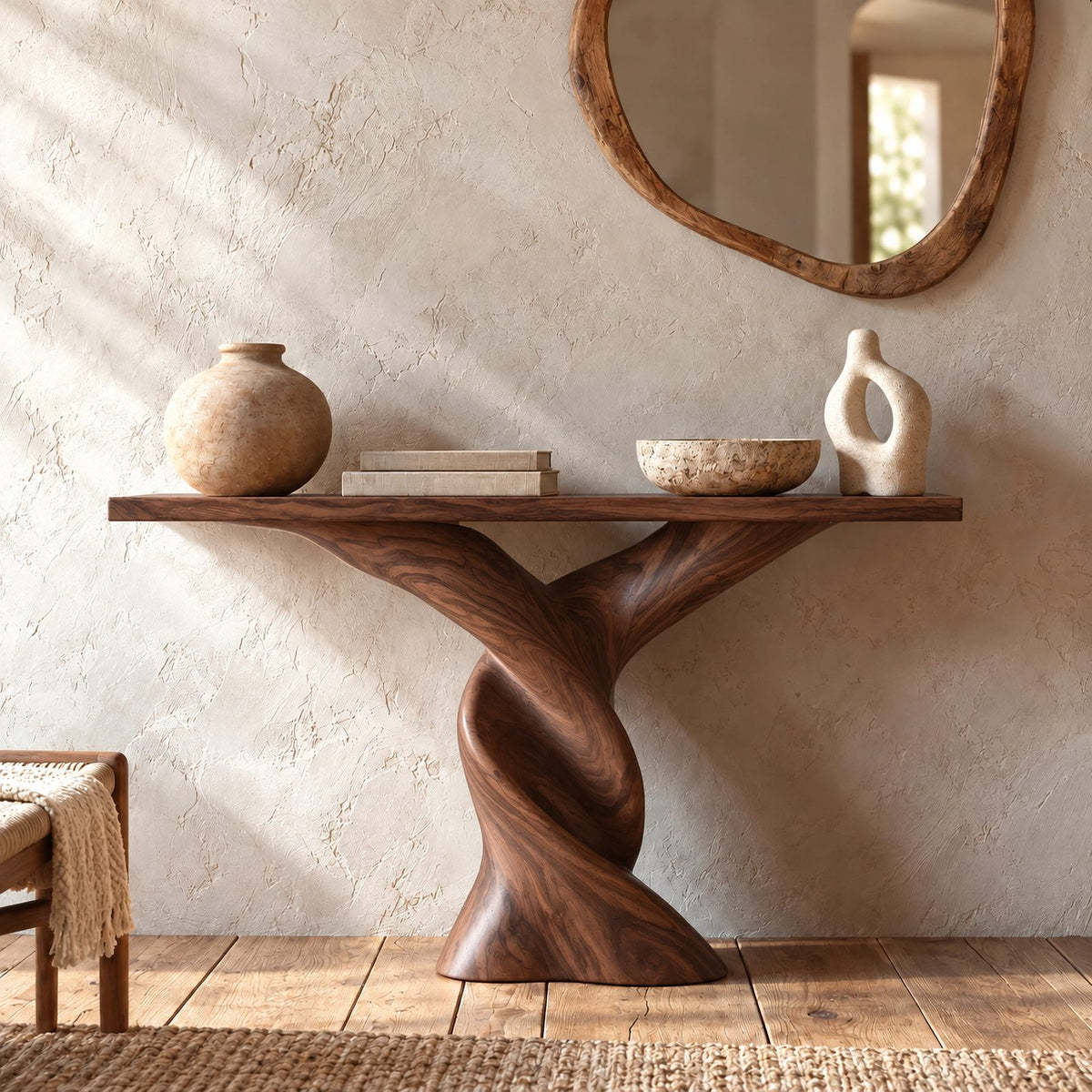 Sculptural Double Twist Console Table With Carved Pedestal For Entryway