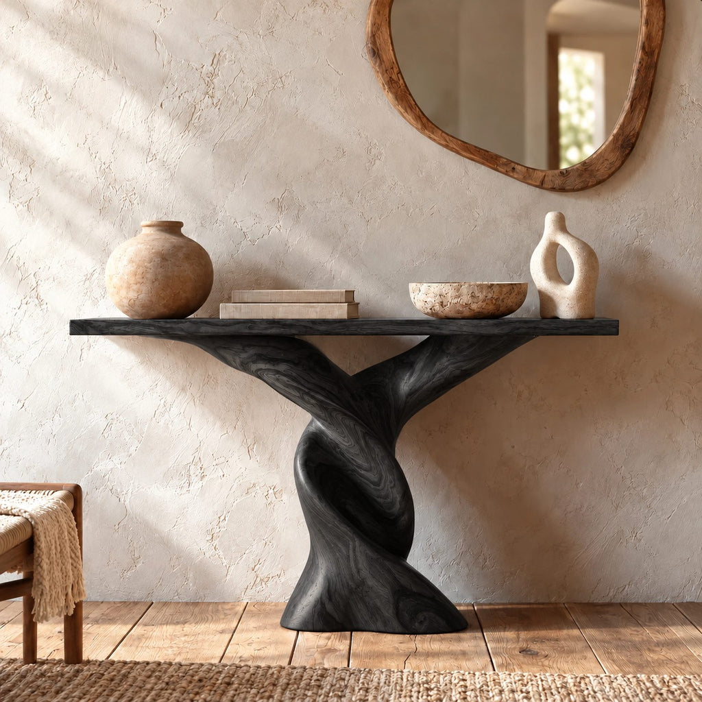 Sculptural Double Twist Console Table With Carved Pedestal For Entryway