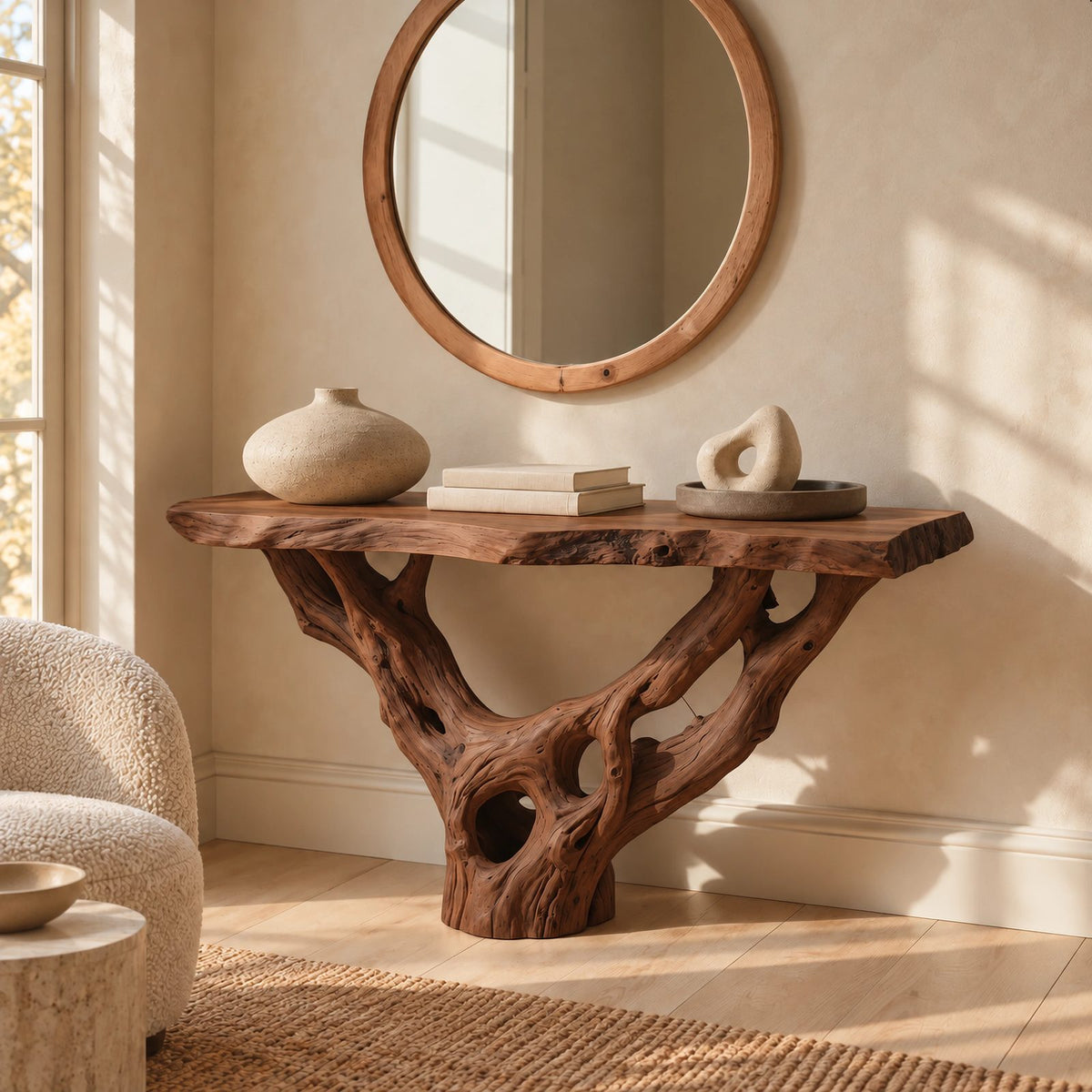 Organic Wall Mounted Console Table With Root Bracket Base For Entryway