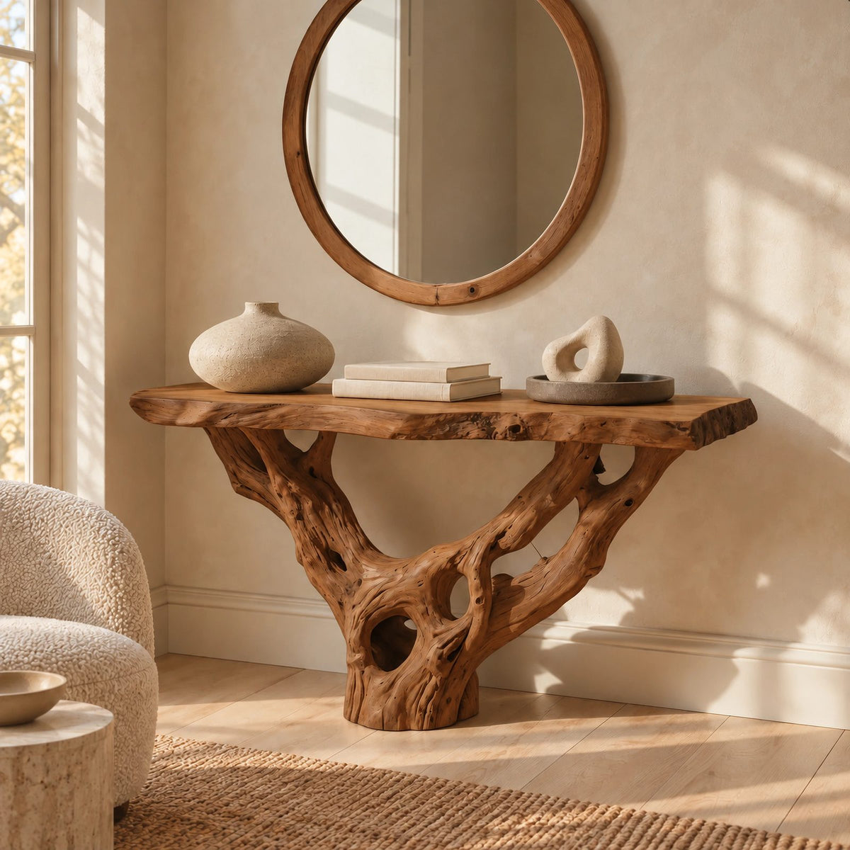 Organic Wall Mounted Console Table With Root Bracket Base For Entryway