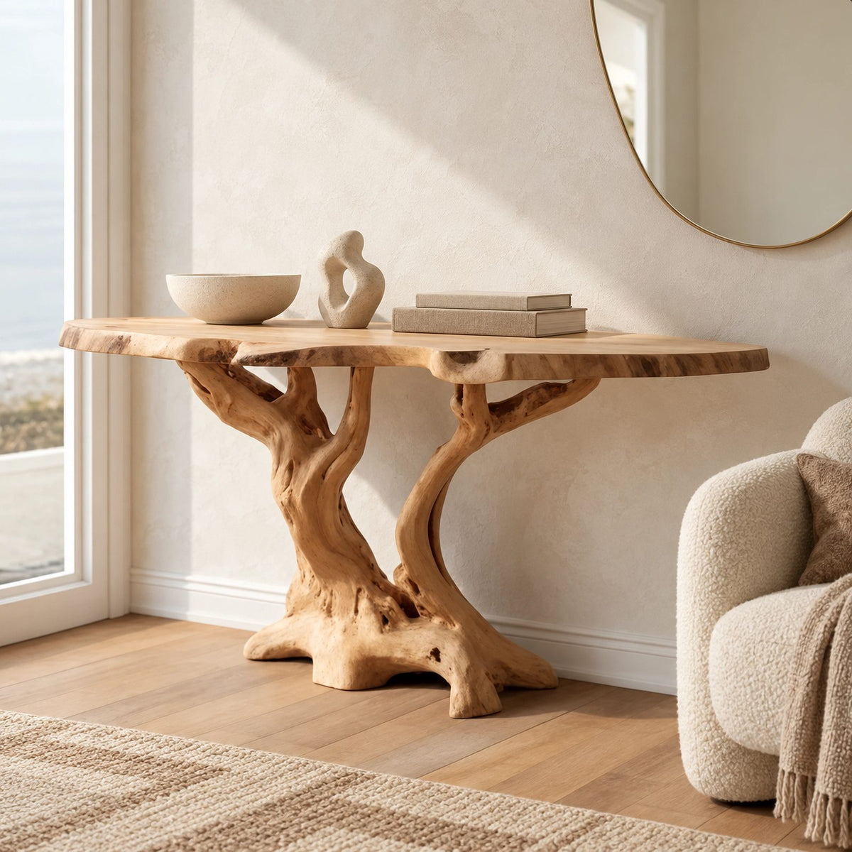 Rustic Live Edge Console Table With Branching Root Base For Entryway