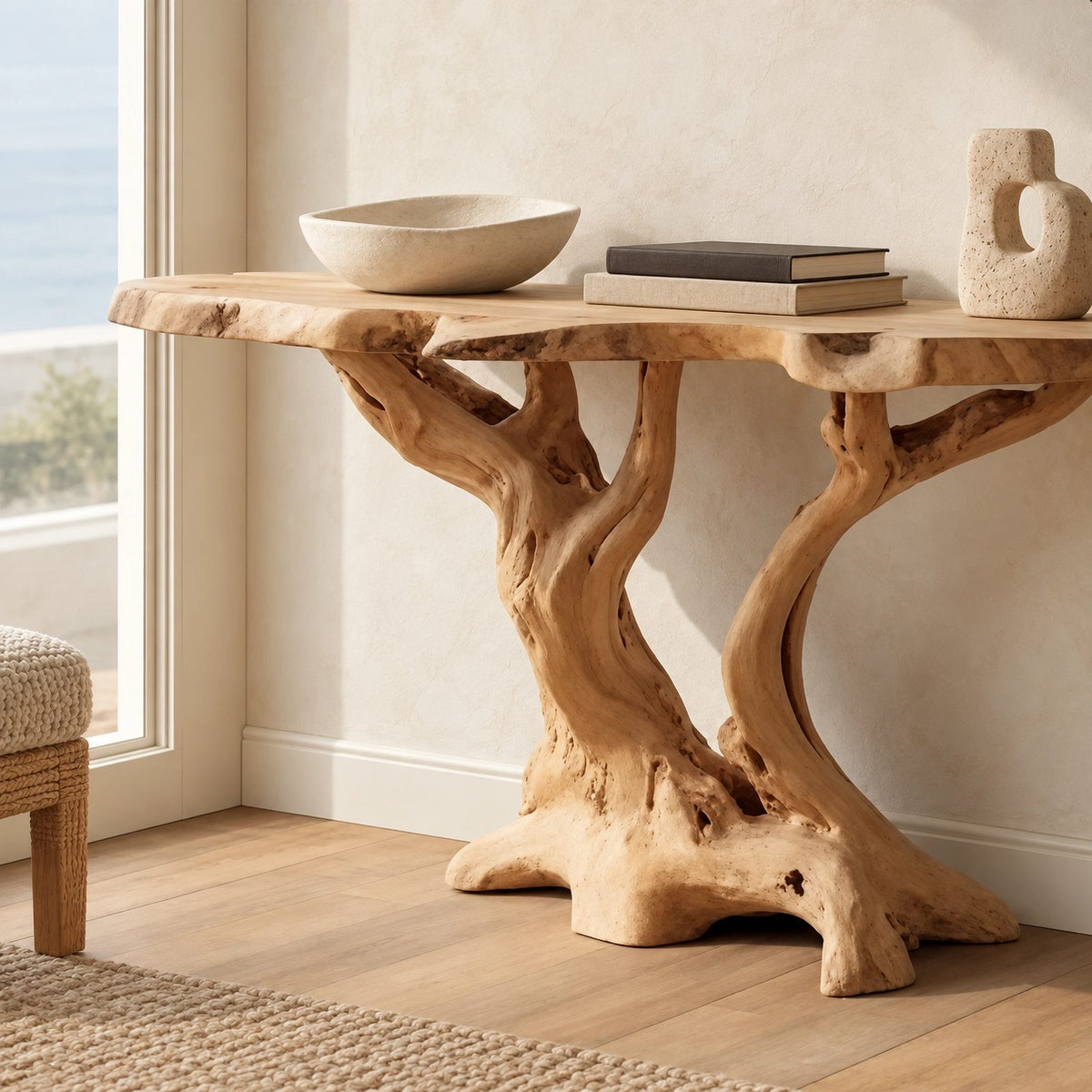 Rustic Live Edge Console Table With Branching Root Base For Entryway