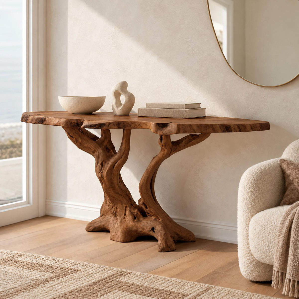 Rustic Live Edge Console Table With Branching Root Base For Entryway