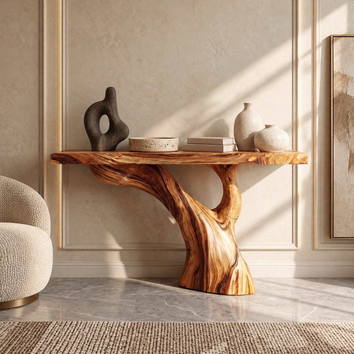 Organic Live Edge Console Table With Curved Tree Pedestal For Hallway