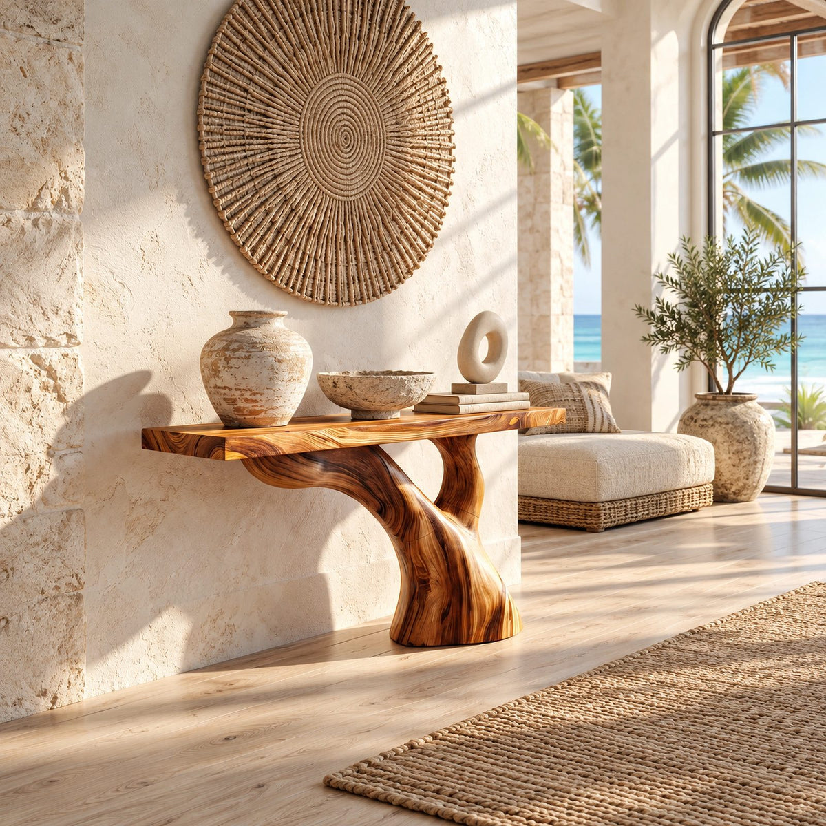 Organic Live Edge Console Table With Curved Tree Pedestal For Hallway