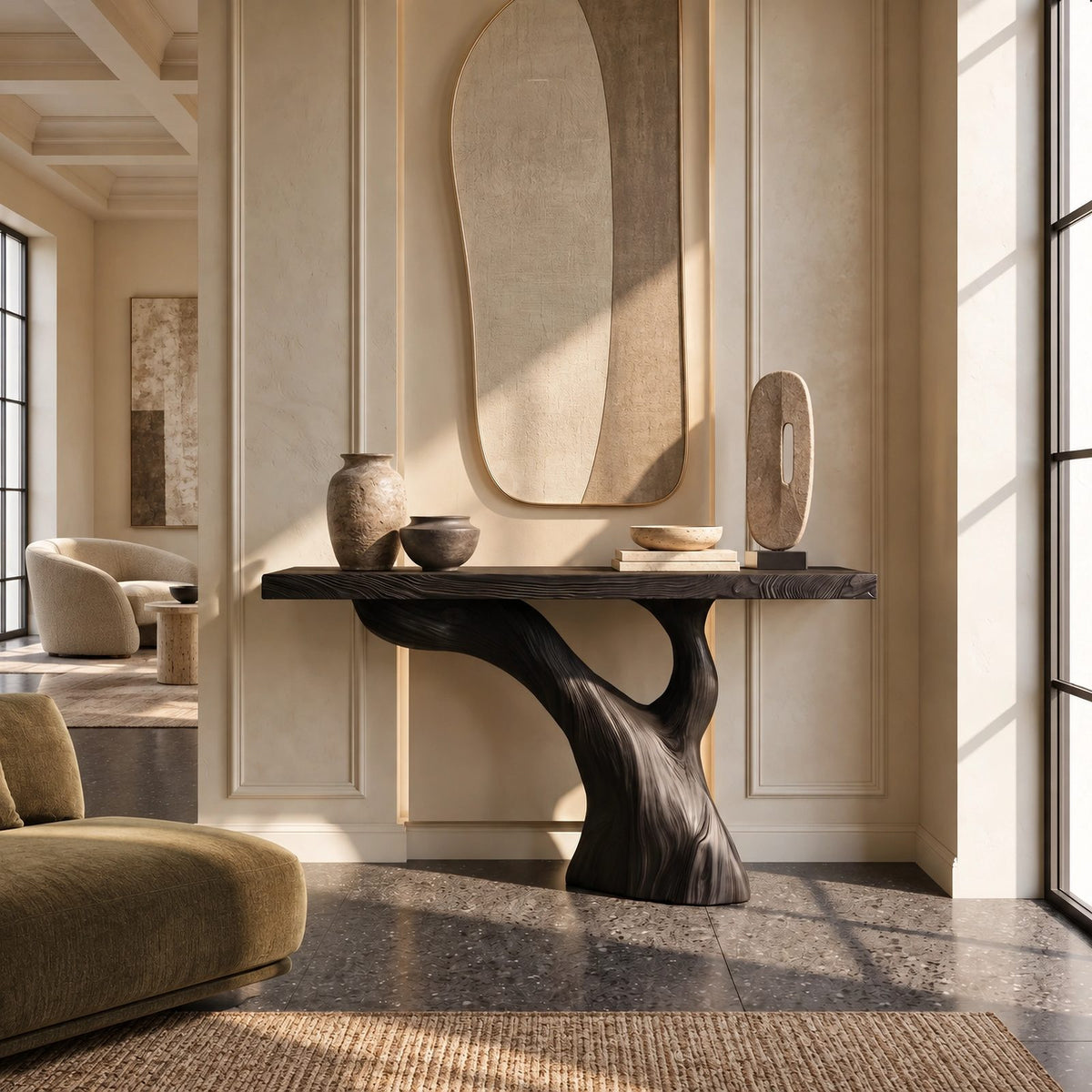 Organic Live Edge Console Table With Curved Tree Pedestal For Hallway