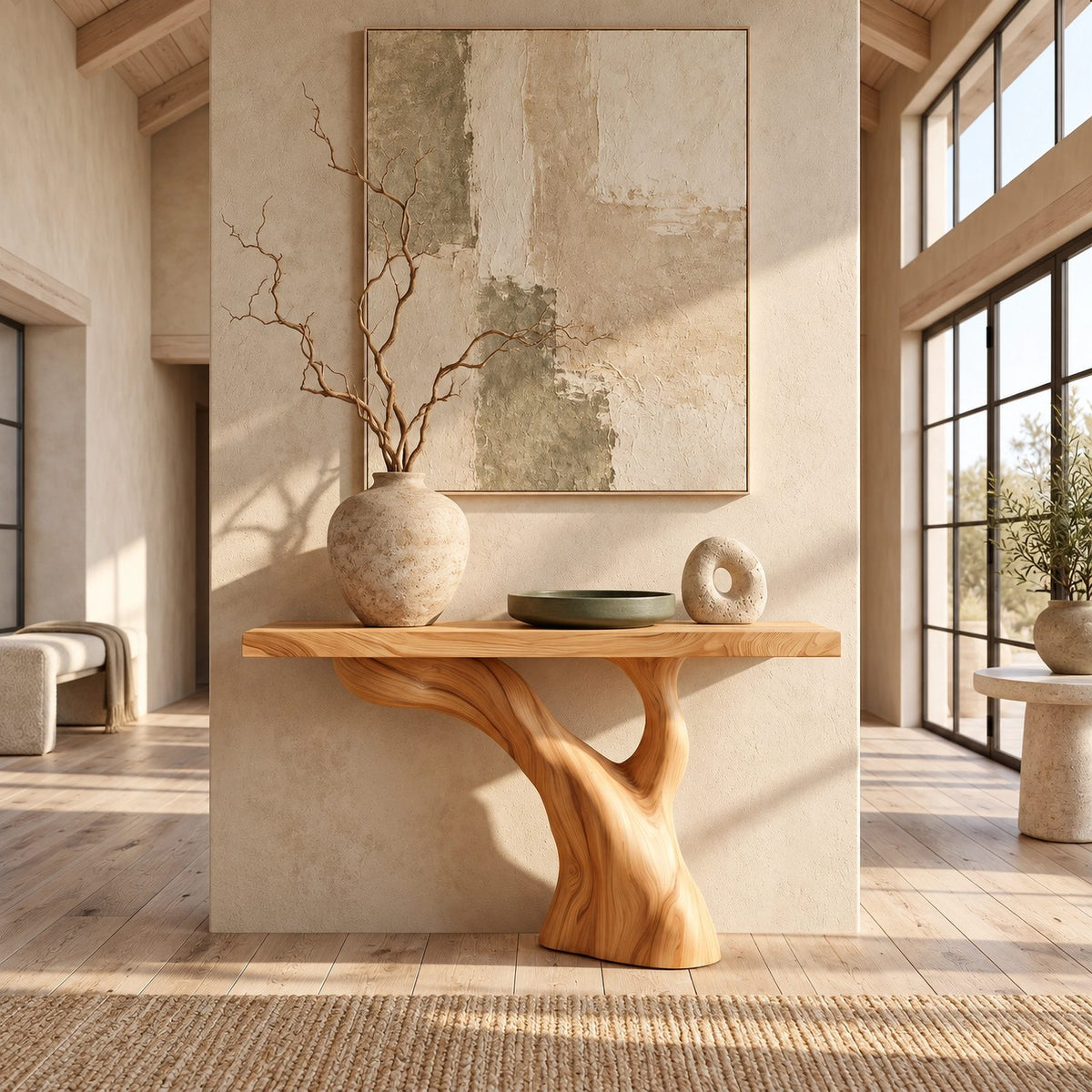 Organic Live Edge Console Table With Curved Tree Pedestal For Hallway