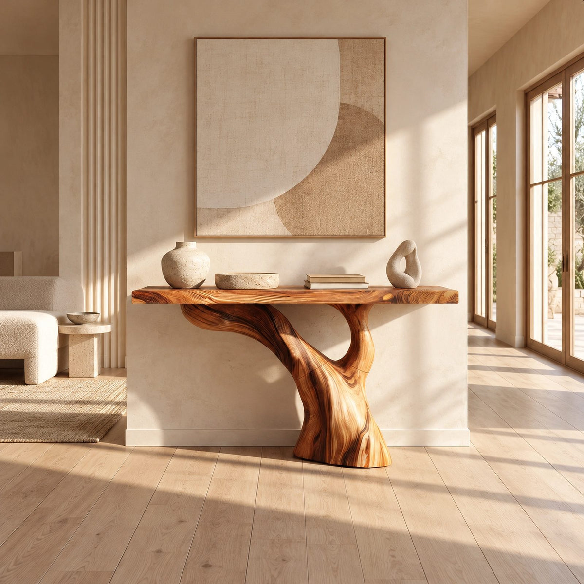 Organic Live Edge Console Table With Curved Tree Pedestal For Hallway
