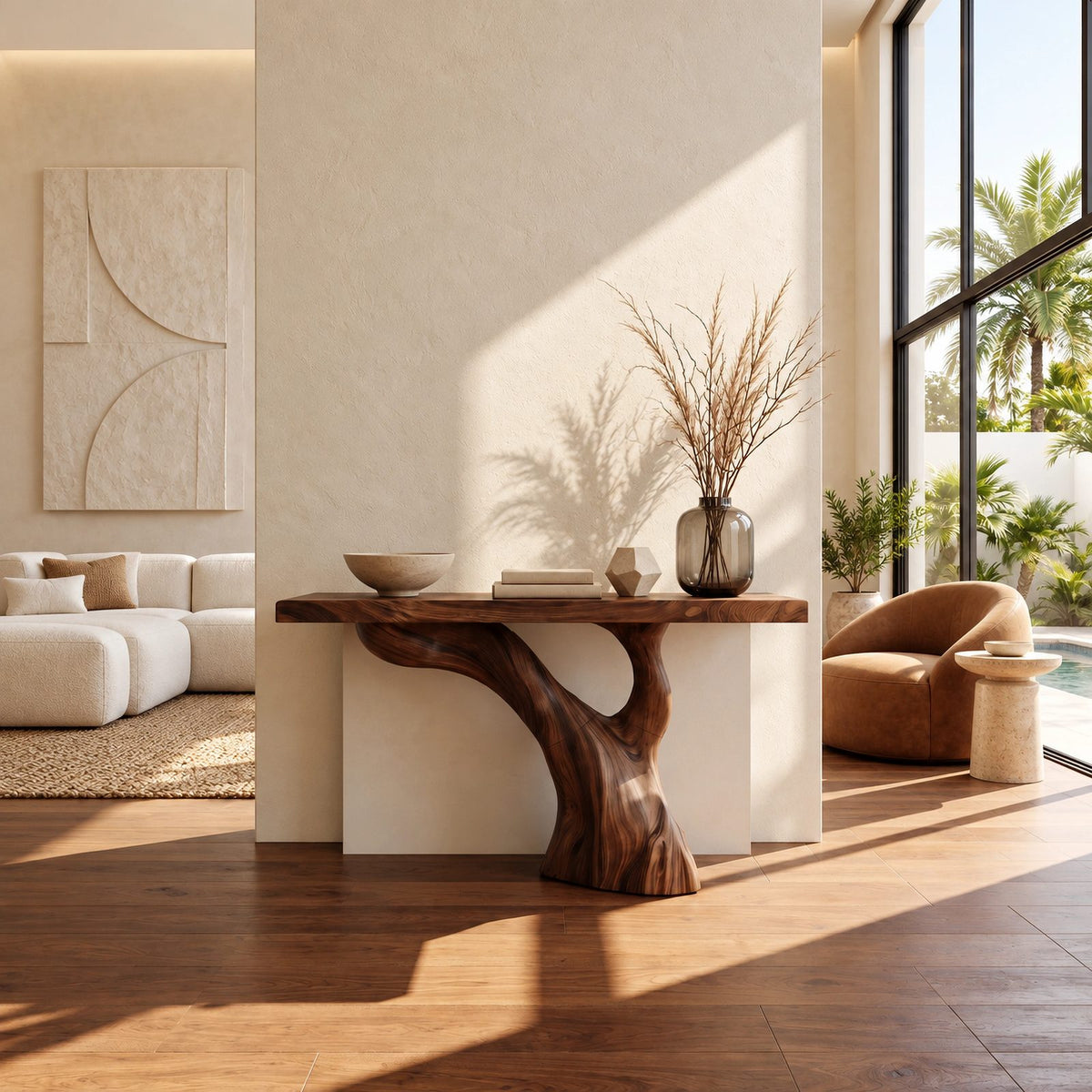 Organic Live Edge Console Table With Curved Tree Pedestal For Hallway