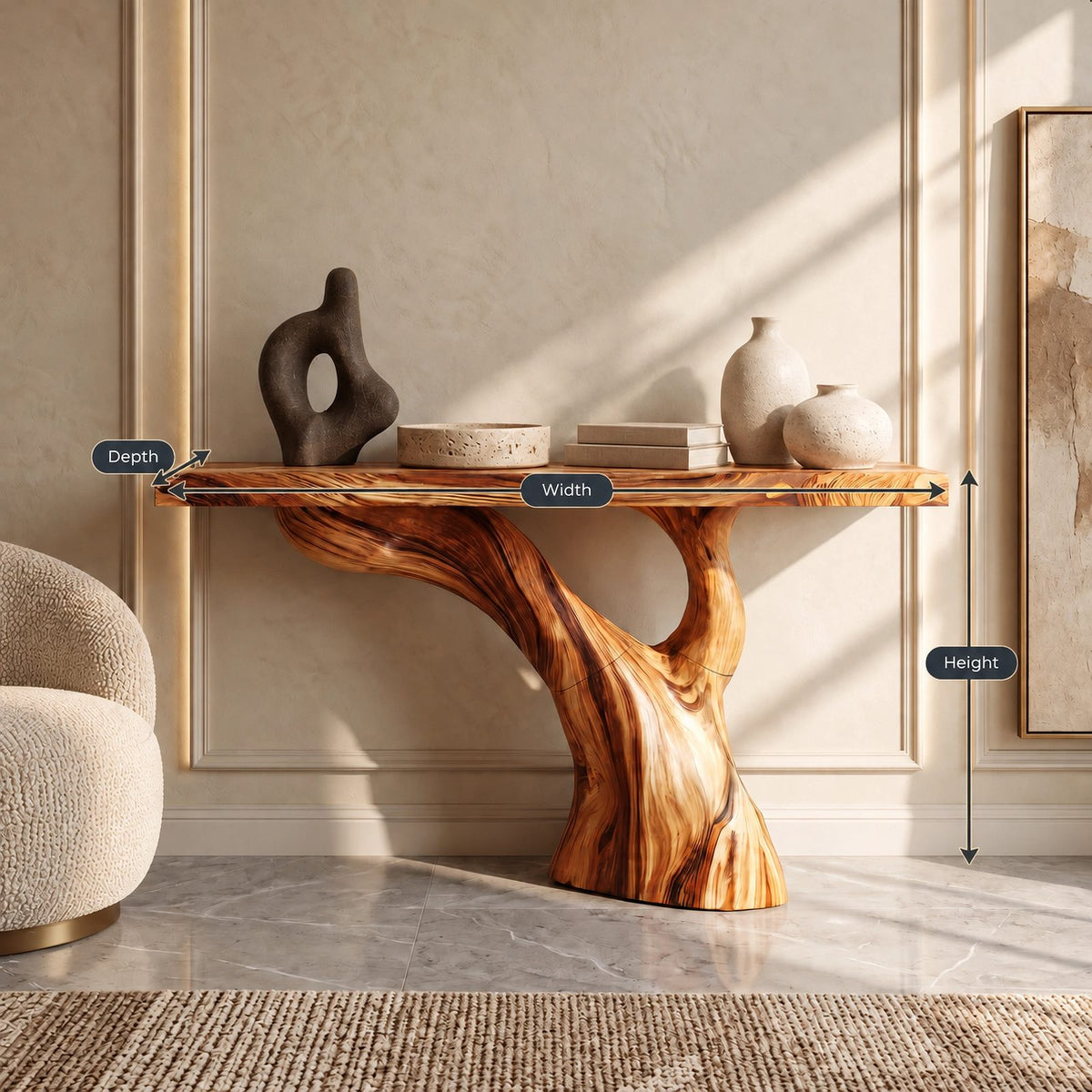 Organic Live Edge Console Table With Curved Tree Pedestal For Hallway
