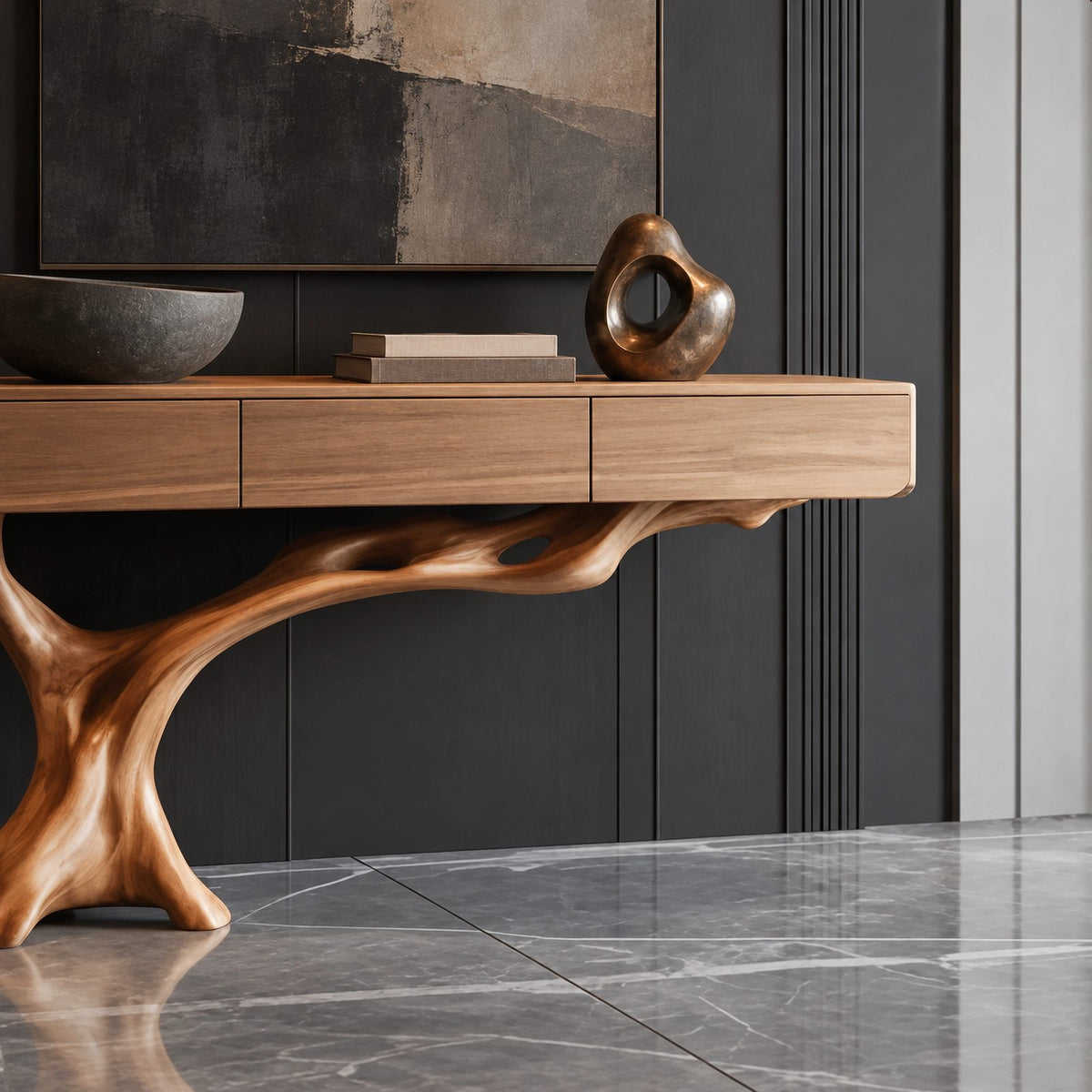 Coastal Bleached Wood Console Table With Root Base For Entryway