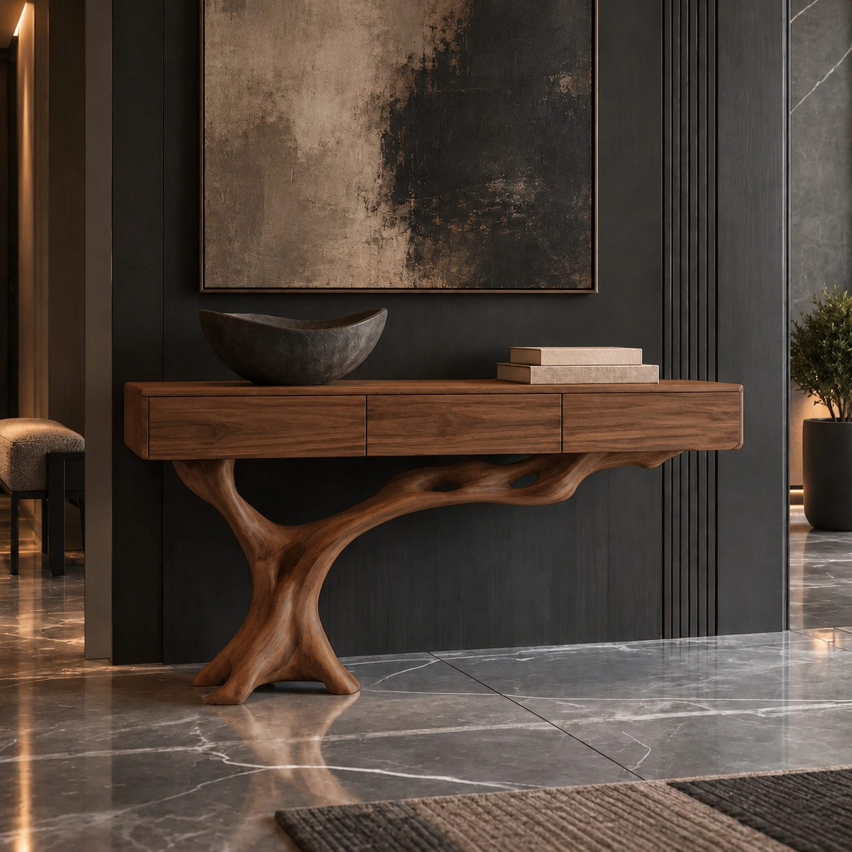 Coastal Bleached Wood Console Table With Root Base For Entryway