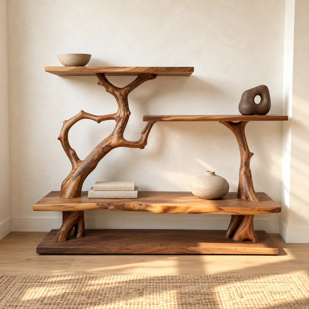 Artisan Branch Console Table With Three Display Shelves For Living Room
