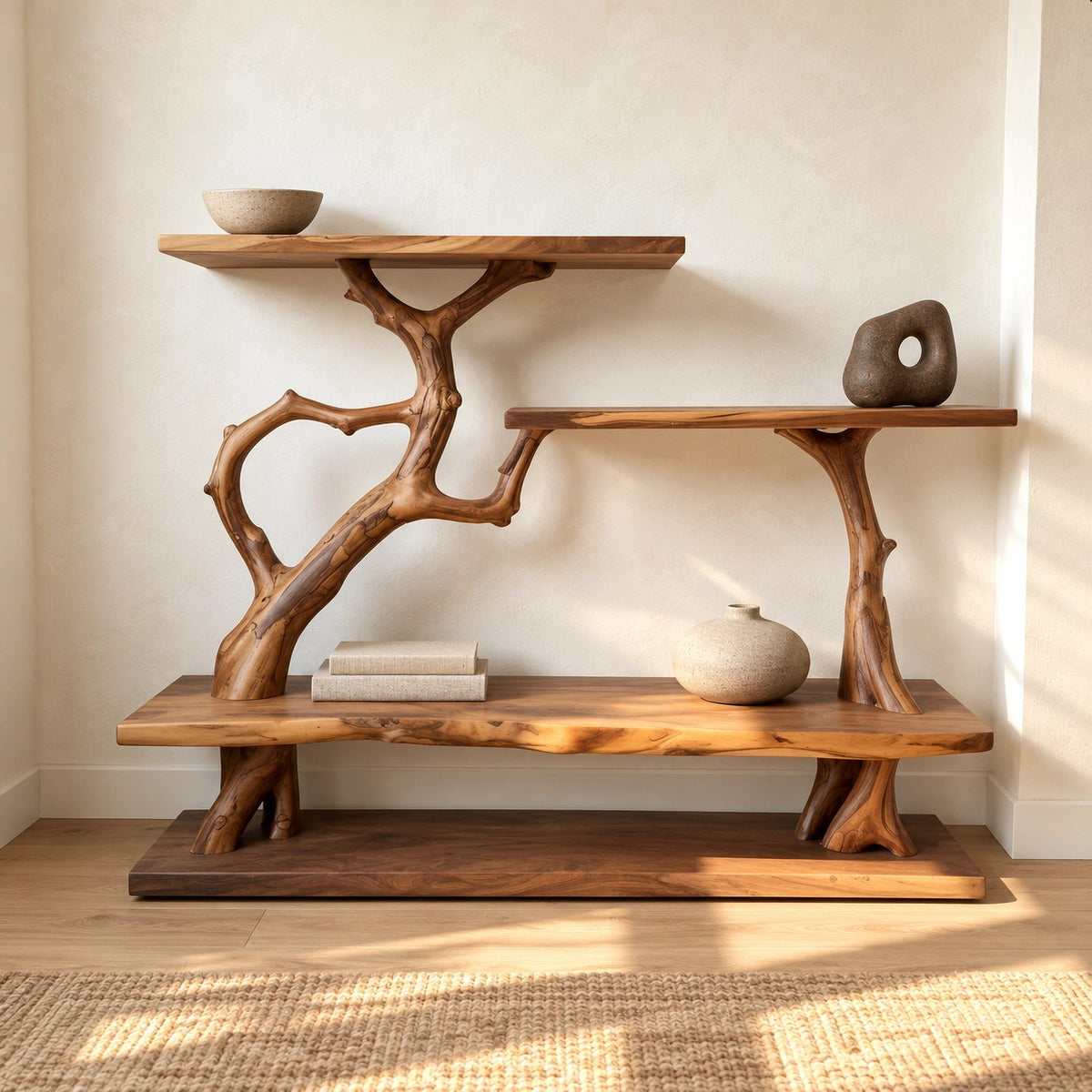 Artisan Branch Console Table With Three Display Shelves For Living Room