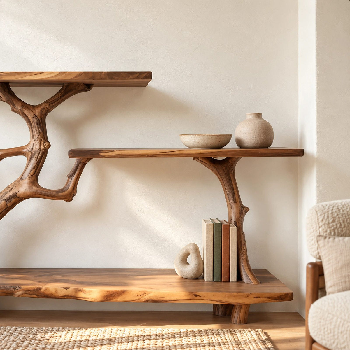 Artisan Branch Console Table With Three Display Shelves For Living Room