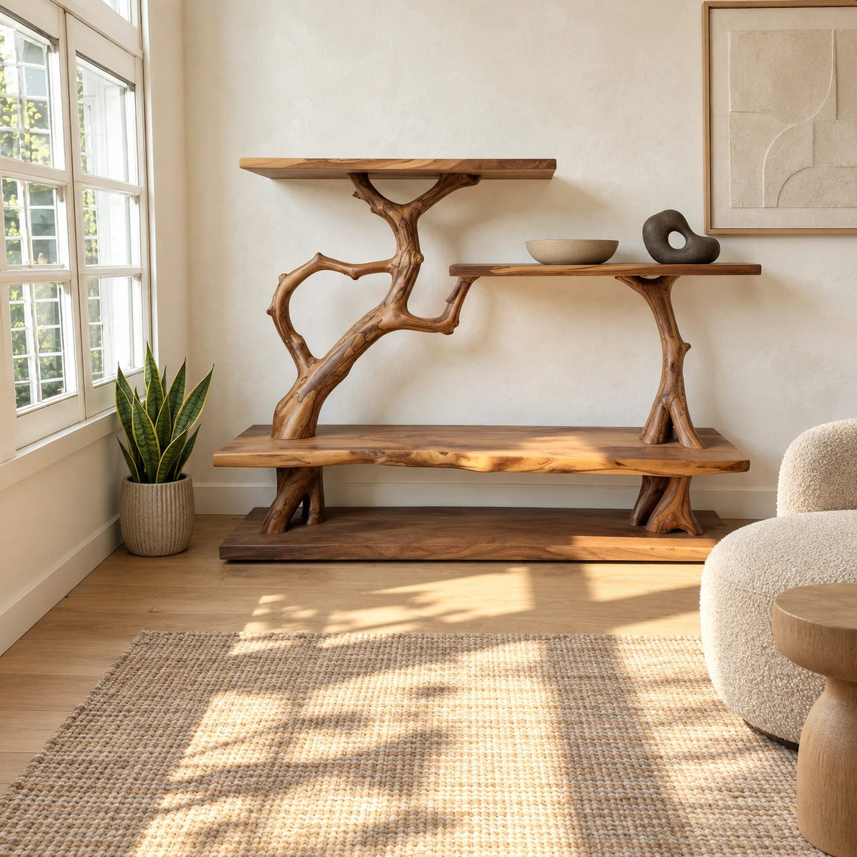 Artisan Branch Console Table With Three Display Shelves For Living Room