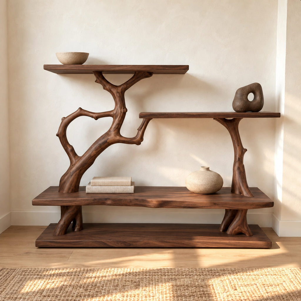 Artisan Branch Console Table With Three Display Shelves For Living Room
