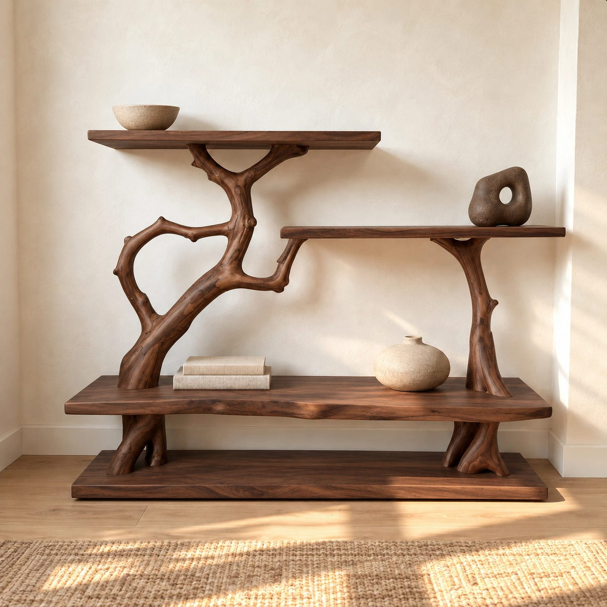 Artisan Branch Console Table With Three Display Shelves For Living Room