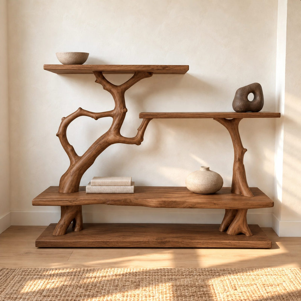Artisan Branch Console Table With Three Display Shelves For Living Room