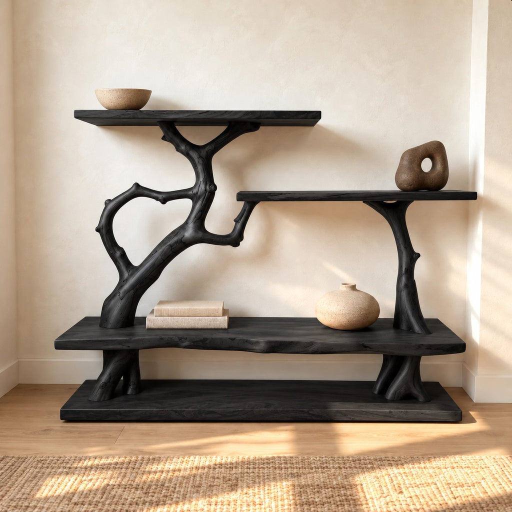 Artisan Branch Console Table With Three Display Shelves For Living Room