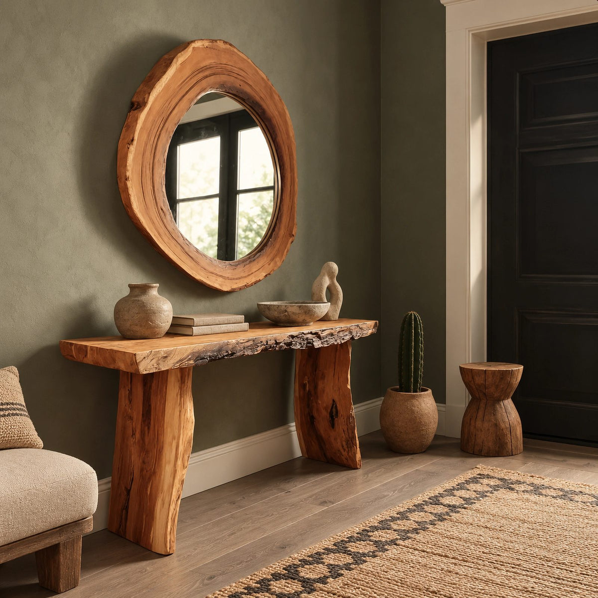 Farmhouse Live Edge Console Table With Block Legs For Hallway