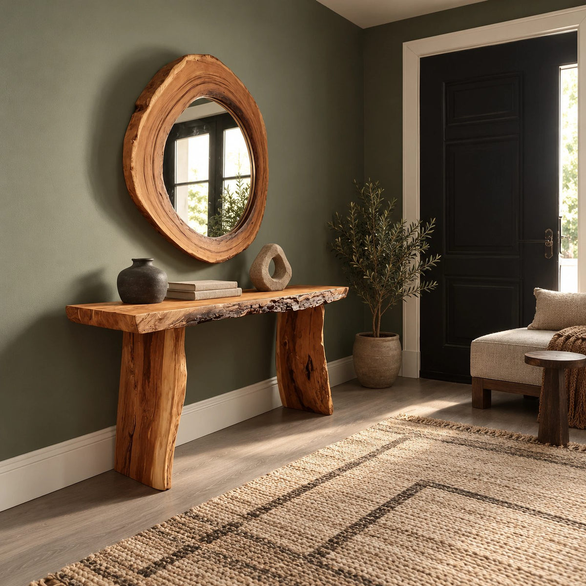 Farmhouse Live Edge Console Table With Block Legs For Hallway