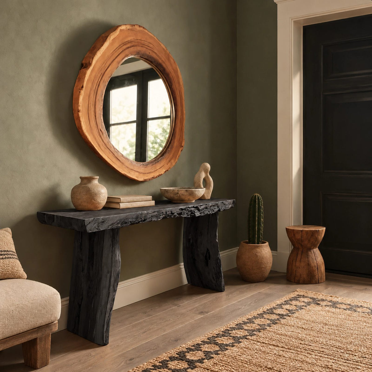 Farmhouse Live Edge Console Table With Block Legs For Hallway