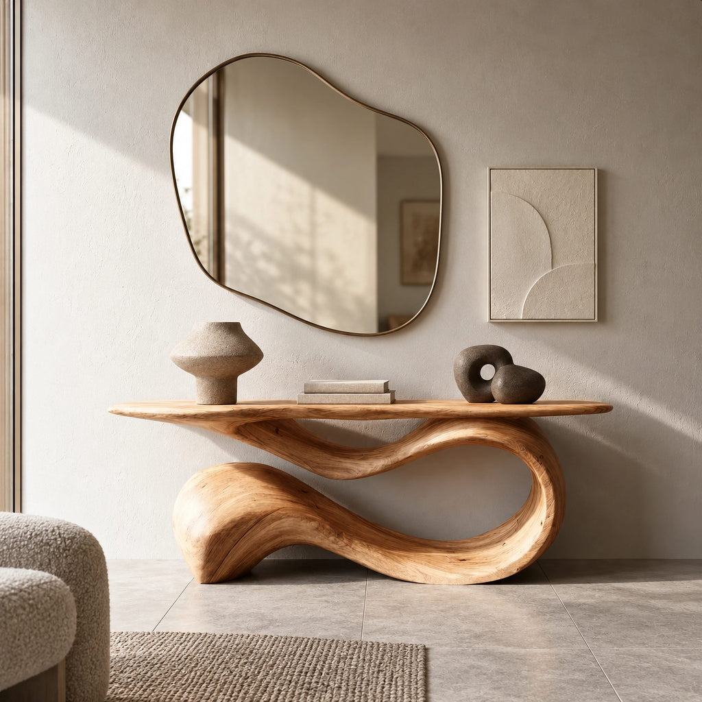 Elegant Flowing Wood Console Table With Ribbon Base For Entryway