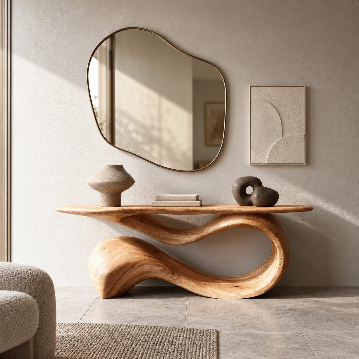Elegant Flowing Wood Console Table With Ribbon Base For Entryway