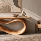 Elegant Flowing Wood Console Table With Ribbon Base For Entryway