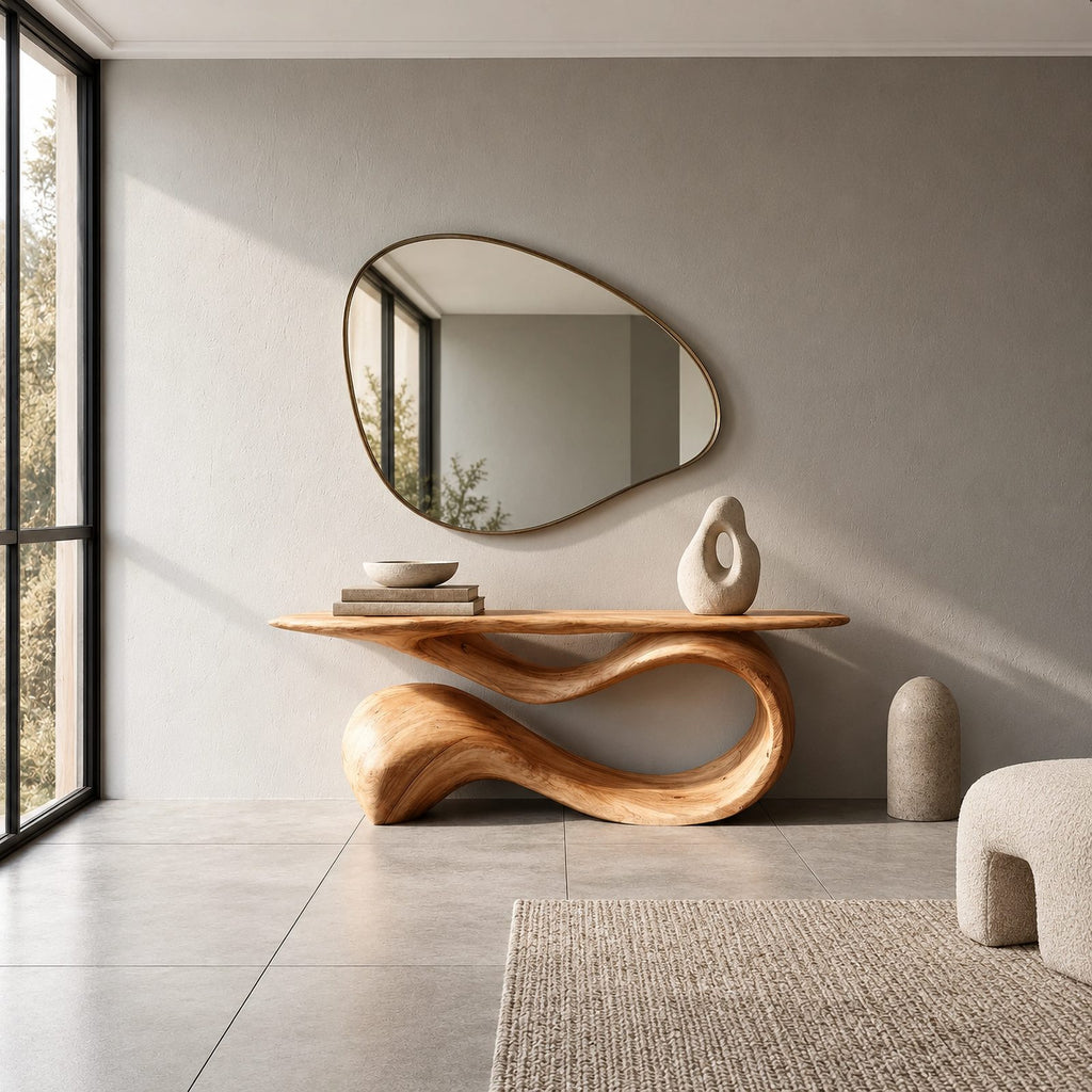 Elegant Flowing Wood Console Table With Ribbon Base For Entryway