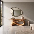 Elegant Flowing Wood Console Table With Ribbon Base For Entryway