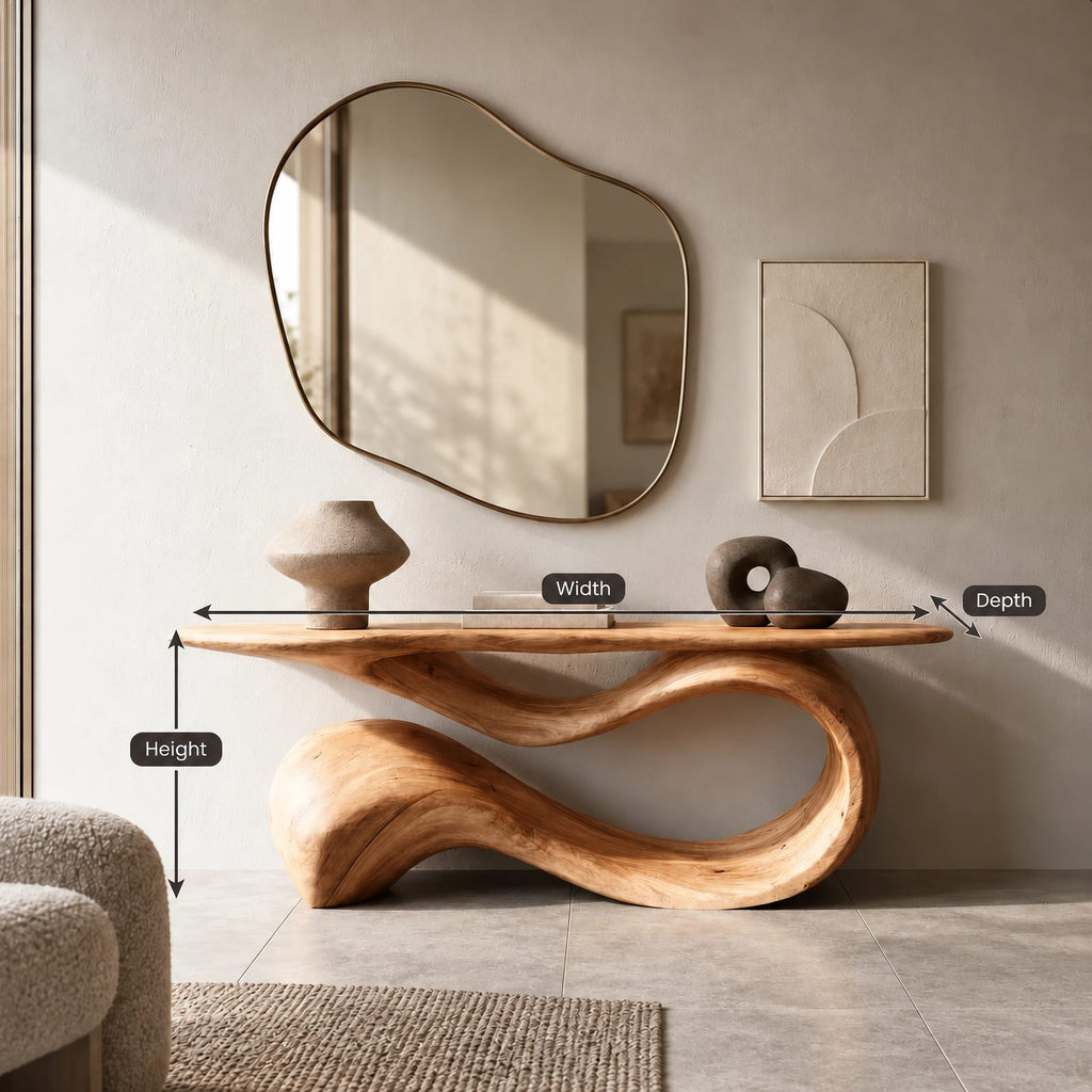 Elegant Flowing Wood Console Table With Ribbon Base For Entryway