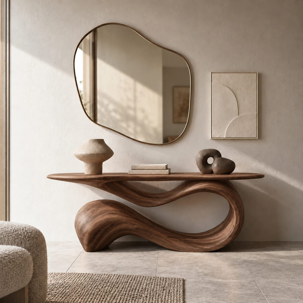 Elegant Flowing Wood Console Table With Ribbon Base For Entryway
