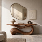 Elegant Flowing Wood Console Table With Ribbon Base For Entryway