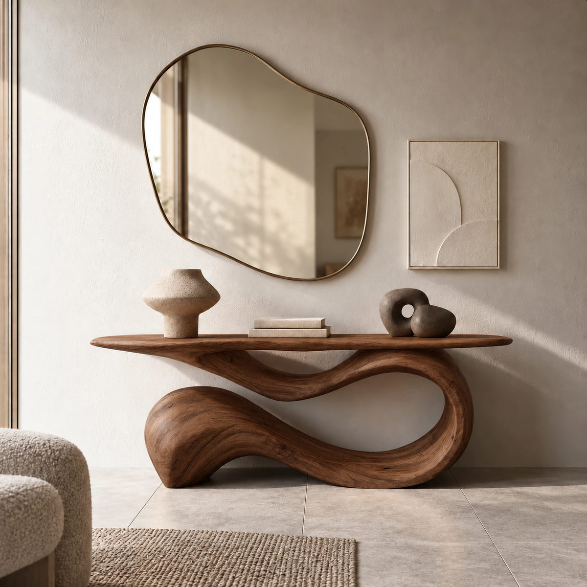 Elegant Flowing Wood Console Table With Ribbon Base For Entryway