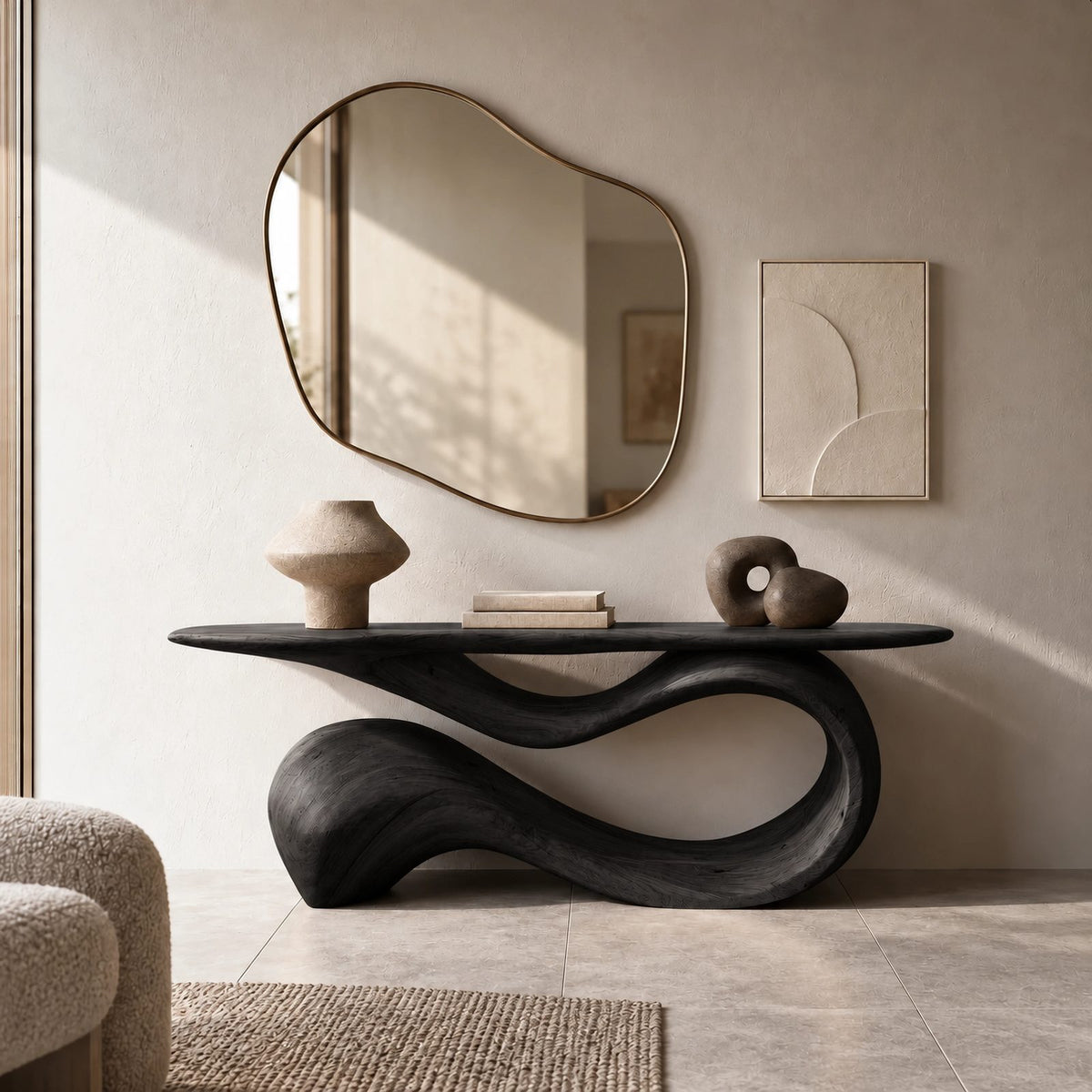 Elegant Flowing Wood Console Table With Ribbon Base For Entryway