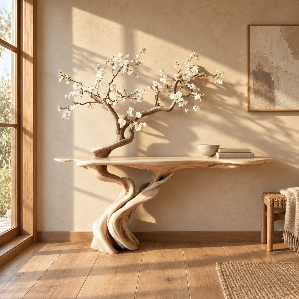 Handmade Spiral Trunk Console Table With Carved Base For Living Room