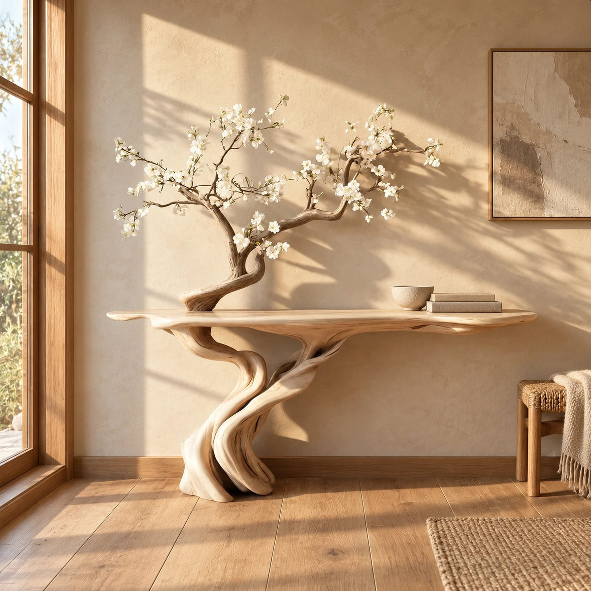 Handmade Spiral Trunk Console Table With Carved Base For Living Room